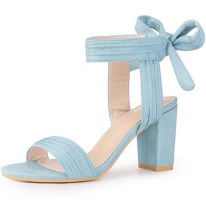Open Toe Ankle Tie Back Chunky Heels Sandals Light Blue